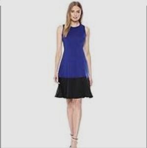 Calvin Klein Fit And Flare Midi Colorblock Blue Black Dress sz 12 Cocktail EUC